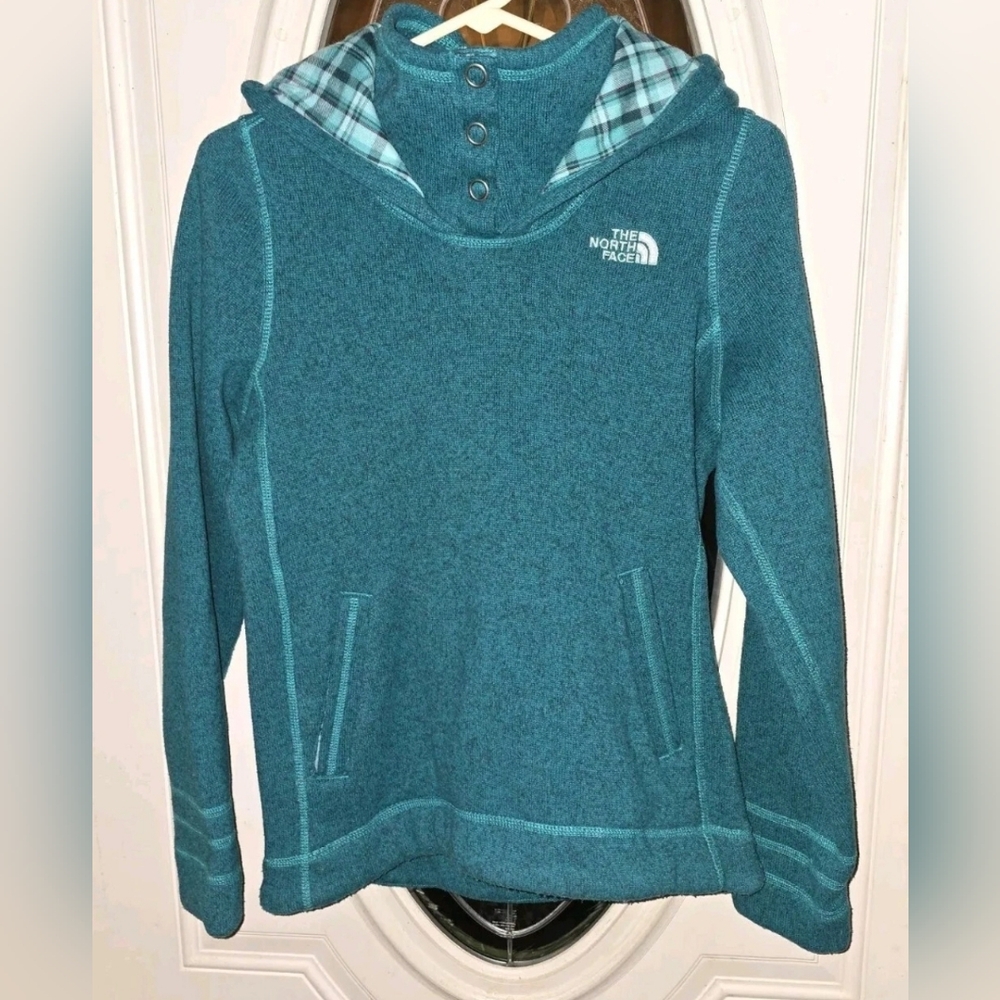 The North Face Women’s Sm Sweater Knit Fleece Sweatshirt Hood 3 Snap Plaid Teal - Picture 1 of 12